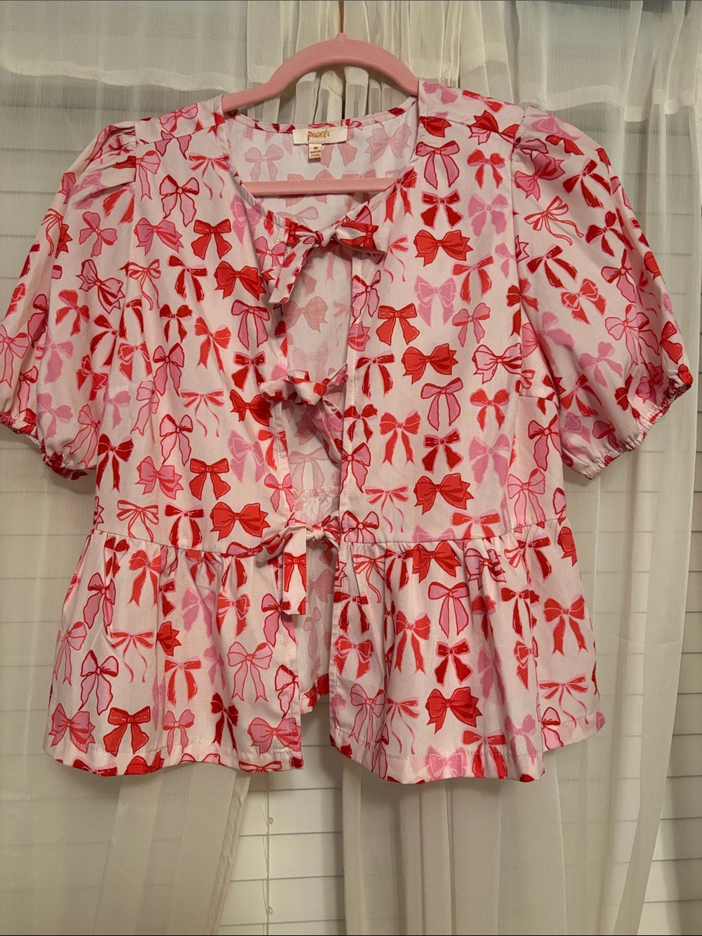 Bow-Print Pink & Red Tie-Front Peplum Blouse